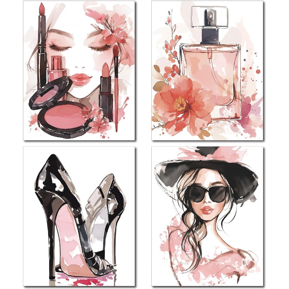 Beauty Makeup Fashion - 4Pcs Pink Makeup Wall Art Prints
